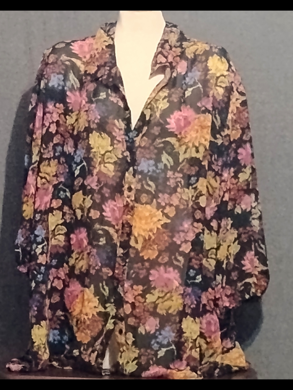Roaman's Sheer Black Floral Blouse with Pink Yellow Blue Flowers